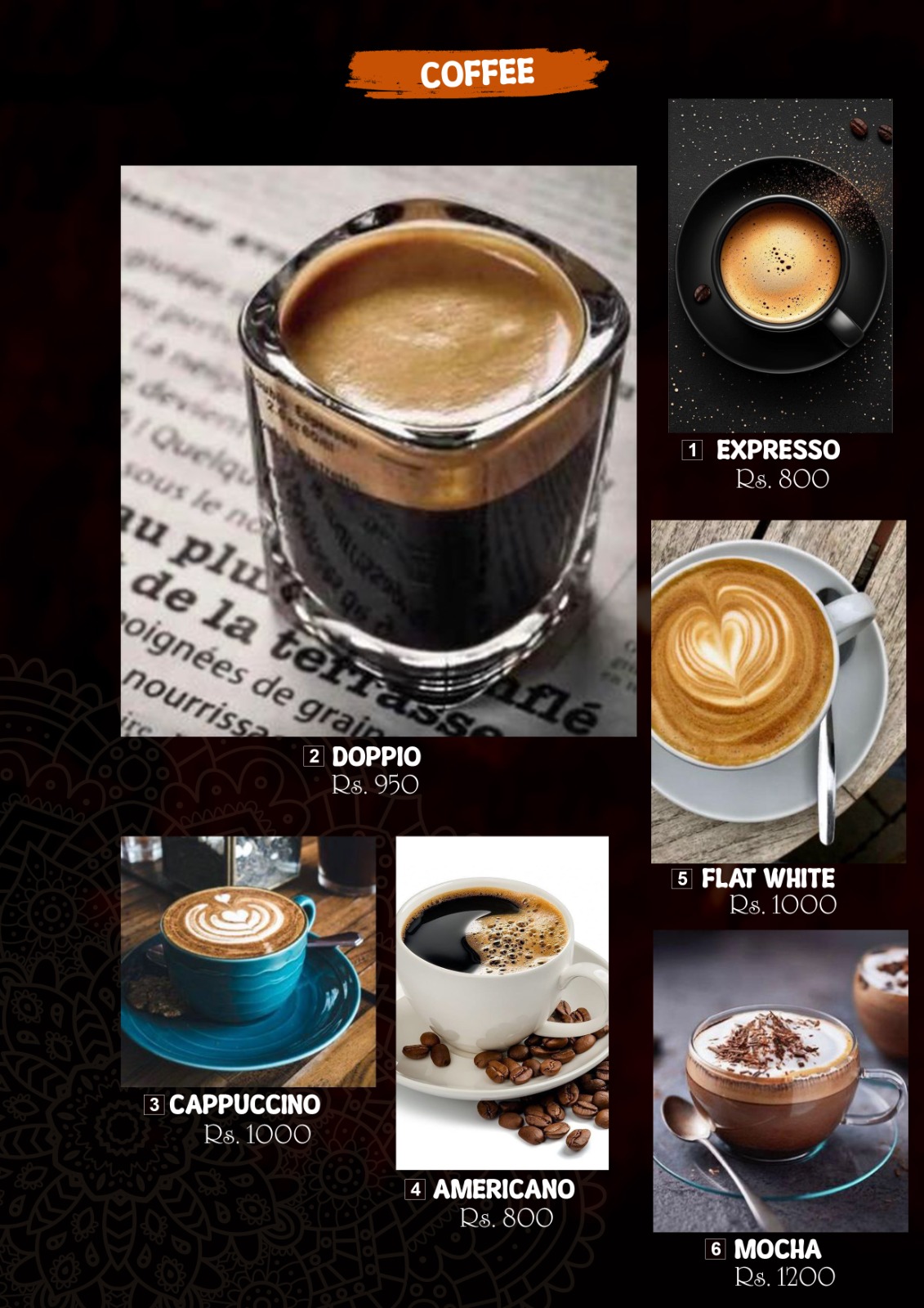 Hambu Café menu board — Coffee page listing Espresso, Doppio, Cappuccino, Americano, Flat White and Mocha with prices